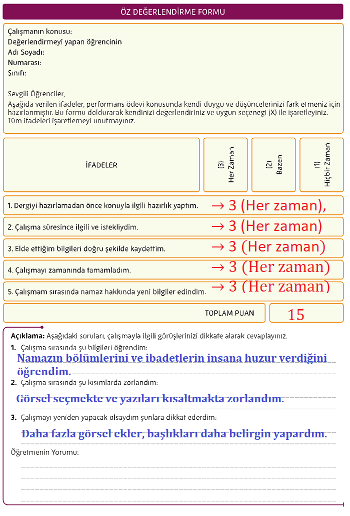 5. Sınıf Din Kültürü Ders Kitabı Sayfa 87. Cevapları MEB Yayınları 4 Öz Değerlendirme Formu