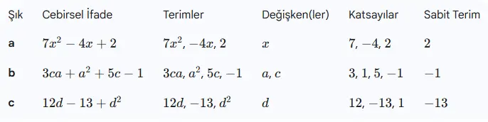 cebirsel ifadelerdeki terimleri, değişkenleri, katsayıları ve sabit terimleri