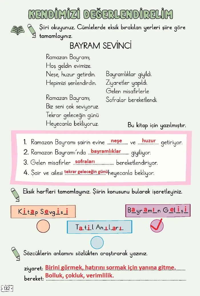 2. Sınıf Türkçe Ders Kitabı Sayfa 132-133 Cevapları 2. Kitap