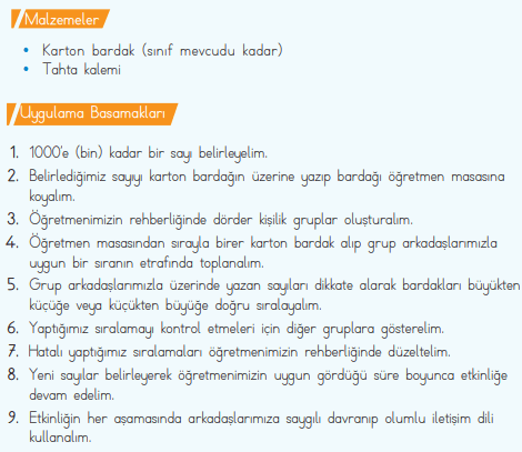 3. Sınıf Matematik Ders Kitabı Sayfa 35-36-37 Cevapları 3. Sınıf Matematik Ders Kitabı Sayfa 35-36-37 Cevapları 1. Kitap bölümünde, ders kitabı sayfa 35, 36, 37 sayfalarına ait cevapları bulabilirsiniz. "Sayıları Sıralama Cevapları" Öğrenmenizi pekiştirmek ve anlamanızı kolaylaştırmak için 3. Sınıf Matematik Ders Kitabı Sayfa 35-36-37 Cevapları MEB Yayınları sorularını dikkatlice inceleyin. Başarınızı artırın. Sayıları Sıralama Cevapları 1. Tema- Sayılar ve Nicelikler (1): Bu temada sayıları karşılaştırıp sıralamayı, en yakın onluk ve yüzlüğe yuvarlamayı öğreniyoruz. Önceki Sayfalar: 30, 32, 33, 34 Sonraki Sayfalar: 38, 39 3. Sınıf Matematik Ders Kitabı Sayfa 35 Cevapları Birinci Kitap Etkinlik: En Yakın Onluğa Yuvarlıyorum Sayıları en yakın onluğa yuvarlarken nelere dikkat ettiğimizi yazalım. Kısa Cevap: Sayının birler basamağındaki rakama dikkat ederiz. Cevap: Sayıyı en yakın onluğa yuvarlarken önce birler basamağındaki rakama bakarız. Bu rakam 5 3. Sınıf Matematik Ders Kitabı Sayfa 35-36-37 Cevapları 3. Sınıf Matematik Ders Kitabı Sayfa 35-36-37 Cevapları 1. Kitap bölümünde, ders kitabı sayfa 35, 36, 37 sayfalarına ait cevapları bulabilirsiniz. "Sayıları Sıralama Cevapları" Öğrenmenizi pekiştirmek ve anlamanızı kolaylaştırmak için 3. Sınıf Matematik Ders Kitabı Sayfa 35-36-37 Cevapları MEB Yayınları sorularını dikkatlice inceleyin. Başarınızı artırın. Sayıları Sıralama Cevapları 1. Tema- Sayılar ve Nicelikler (1): Bu temada sayıları karşılaştırıp sıralamayı, en yakın onluk ve yüzlüğe yuvarlamayı öğreniyoruz. Önceki Sayfalar: 30, 32, 33, 34 Sonraki Sayfalar: 38, 39 3. Sınıf Matematik Ders Kitabı Sayfa 35 Cevapları Birinci Kitap Etkinlik: En Yakın Onluğa Yuvarlıyorum Sayıları en yakın onluğa yuvarlarken nelere dikkat ettiğimizi yazalım. Kısa Cevap: Sayının birler basamağındaki rakama dikkat ederiz. Cevap: Sayıyı en yakın onluğa yuvarlarken önce birler basamağındaki rakama bakarız. Bu rakam 5'ten küçükse sayıyı kendi onluğuna yuvarlarız. Rakam 5 ya da 5'ten büyükse sayıyı bir sonraki onluğa yuvarlarız. 3. Sınıf Matematik Ders Kitabı Sayfa 36 Cevapları Birinci Kitap Etkinlik: En Yakın Yüzlüğe Yuvarlıyorum Sayıları en yakın yüzlüğe yuvarlamak için kullandığımız yöntemler nelerdir? Açıklayalım. Kısa Cevap: Sayının onlar basamağındaki rakamına bakarız. Cevap: Sayıyı en yakın yüzlüğe yuvarlarken onlar basamağındaki rakama bakarız. Bu rakam 5'ten küçükse sayıyı kendi yüzlüğüne yuvarlarız. Rakam 5 ya da 5'ten büyükse sayıyı bir sonraki yüzlüğe yuvarlarız. 3. Sınıf Matematik Ders Kitabı Sayfa 37 Cevapları Birinci Kitap Etkinlik: Sayıları Sıralıyorum Sayıları büyükten küçüğe doğru sıralarken nelere dikkat ettiğimizi yazalım. Kısa Cevap: Önce basamak sayısına, sonra soldan başlayarak rakamlara dikkat ederiz. Cevap: Sayıları büyükten küçüğe sıralarken önce basamak sayılarına bakarız, basamağı çok olan sayı daha büyüktür. Basamak sayıları eşitse en soldaki basamaktan başlayıp rakamları karşılaştırırız, büyük rakamı olan sayı önce yazılır. Sayıları küçükten büyüğe doğru sıralarken nelere dikkat ettiğimizi yazalım. Kısa Cevap: Önce basamak sayısına, sonra soldan başlayarak rakamlara dikkat ederiz. Cevap: Sayıları küçükten büyüğe sıralarken yine önce basamak sayılarına bakarız, basamağı az olan sayı daha küçüktür. Basamak sayıları eşitse en soldaki basamaktan başlayıp rakamları karşılaştırırız, küçük rakamı olan sayı önce yazılır.