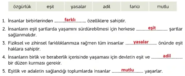 4. Sınıf İnsan Hakları Ders Kitabı Sayfa 54-55-56-57 Cevapları